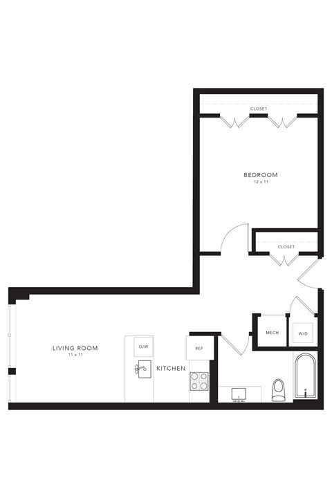Floor plan for 1 bed, 1 bath, 640 sqft
